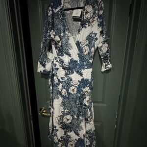 David Shepard Floral Wrap Dress in Blue and White